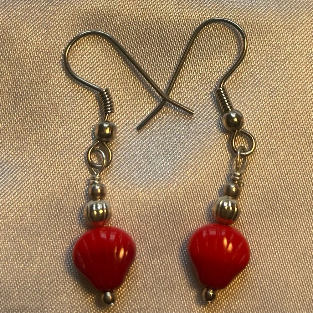 Shell dangle earrings- two toned red shell bead, offset by silver accents. - Picture 4 of 4